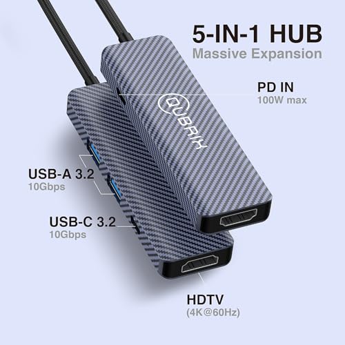 USB C 5 in 1 hub 10Gbps USB-C/A 3.2 Ports 4K 60HZ HDTV 100W PD Fast Charging Compatible for MacBook Pro/Air/Dell XPS/iPad Pro Aluminum Splitter/Surface Pro/Thunderbolt Laptops.