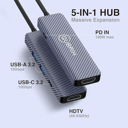 USB C 5 in 1 hub 10Gbps USB-C/A 3.2 Ports 4K 60HZ HDTV 100W PD Fast Charging Compatible for MacBook Pro/Air/Dell XPS/iPad Pro Aluminum Splitter/Surface Pro/Thunderbolt Laptops.