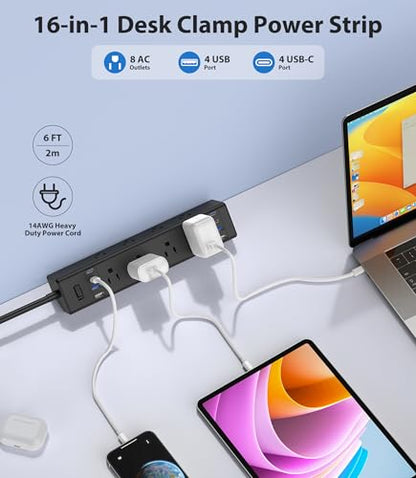 Jgstkcity Desk Clamp Power Strip 40W USB C,8 Outlets,8 USB,6FT,Black | 40W Fast Charging Station,4 USB-C,4 USB-A,Furniture Nightstand Edge Mount Surge Protector, Fits 1.9" Tabletop Edge - color: Black, size: 6FT Length