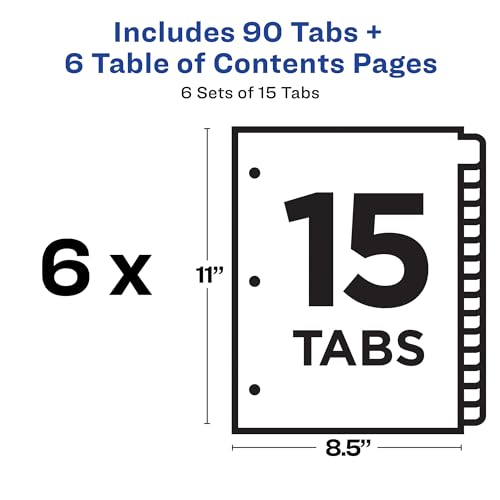 Avery 15 Tab Dividers for 3 Ring Binders, Customizable Table of Contents, Multicolor Tabs, 6 Sets (11197) - size: 6 sets