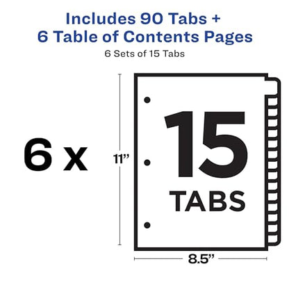 Avery 15 Tab Dividers for 3 Ring Binders, Customizable Table of Contents, Multicolor Tabs, 6 Sets (11197) - size: 6 sets