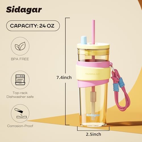 24oz Tritan Water Bottle with Straw and Silicone Sleeve, Yellow Leak-Proof Aesthetic Tumbler with Portable Carrying Strap, BPA-Free Reusable Straw Cup for School, Office, Gym - color: Sweet Peach Mist