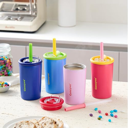 Gencywe® 2 PACK Kids Double Walled Stainless Steel Cups with Straws and lids | 12 oz Spill-Proof Sippy Smoothie Tumbler Set, Small Kids Snack & Drink Water Cups, BPA-Free (Age: 3+ years old & up) - color: Blue