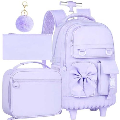 HPJGD 3PCS Rolling Backpack for Girls, Purple Bow Roller School Backpacks with Wheels, Water-Resistant Wheeled Bookbag Set - color: Purple Bowknot Rolling Backpack Set