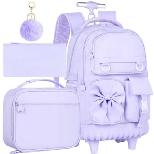 HPJGD 3PCS Rolling Backpack for Girls, Purple Bow Roller School Backpacks with Wheels, Water-Resistant Wheeled Bookbag Set - color: Purple Bowknot Rolling Backpack Set