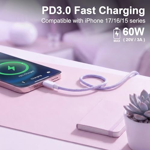 USB C to C Charger Cable, 60W, 6FT, 2-Pack, Purple | Fast Charging, Braided Nylon, for iPhone 17/16/15, MacBook iPad, Galaxy S25/S24 - color: Purple, size: 6FT+6FT