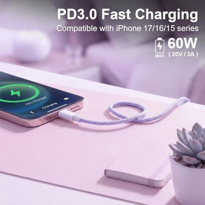 USB C to C Charger Cable, 60W, 6FT, 2-Pack, Purple | Fast Charging, Braided Nylon, for iPhone 17/16/15, MacBook iPad, Galaxy S25/S24 - color: Purple, size: 6FT+6FT