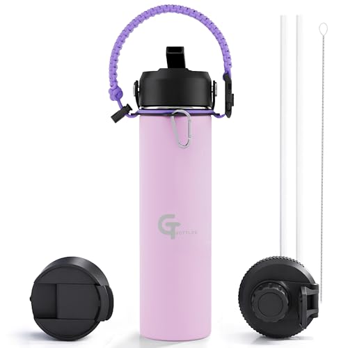 22oz Insulated Stainless Steel Water Bottle with 3 Lids & Paracord Handle – Leakproof Wide Mouth Metal Sports Bottle for Gym, School & Travel (Light Purple, 22oz) - color: Light Purple, size: 22oz