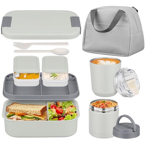 Large Bento Lunch Box Set for Adults Kids Women with 10.5oz Soup Thermo,Coffee Tumblers Men Girls Boys Teenagers Leak-Proof Lunch Food Containers with Lunch Bag - color: Gray