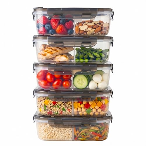 Compartmentalized Plastic Airtight Food Storage Containers with Vented Lids, 3-Compartment Design, BPA-Free, 5-Pack (5.5 Cups Each) for Meal Prep and Portion Control - size: Pack of 5 (5.5 Cup)