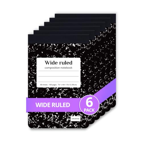 ONAVIA Mini Composition Notebooks, Wide Ruled, 160 Pages, 6 Pack, Black | 4.75 x 7.5 in, 80 ct, Small Composition Notebook, Fit in Purse, Topbound Notepad, Marble Comp Books, Notebook for School - color: Black, size: 4.75 x 7.5"