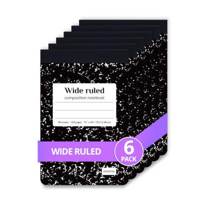 ONAVIA Mini Composition Notebooks, Wide Ruled, 160 Pages, 6 Pack, Black | 4.75 x 7.5 in, 80 ct, Small Composition Notebook, Fit in Purse, Topbound Notepad, Marble Comp Books, Notebook for School - color: Black, size: 4.75 x 7.5"