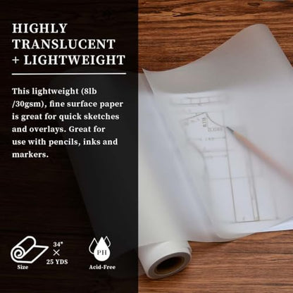 SEMLEART Artit's Tracing Paper roll,32lb/50gsm, 24 inch x 25 Yard,Translucent Tracing Paper for Pencil, Marker and Ink - Trace Images, Sketching,Drawing - size: 24in×25yd