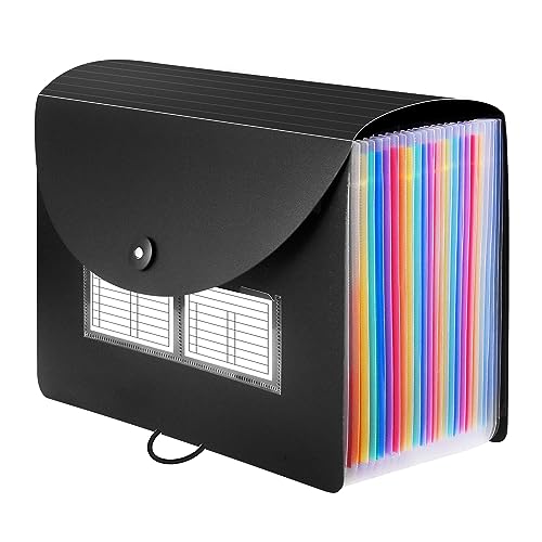 Sooez 24 Pockets Expanding File Folder with Blank Labels, According File Organizer with Expandable Cover, Desktop Accordion Folders Letter A4 Paper Document Storage Organizer, Black - color: Black