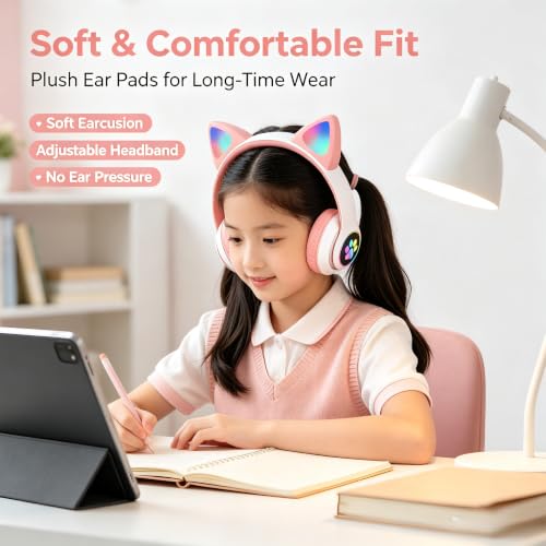 Cat Ear Bluetooth Headphones for Kids & Adults, Wireless Foldable & Wired Multi-Function LED Light Up Over Ear Headphones with Mic and Volume Control for iPhone/iPad/Laptop/PC (White 2) - color: white 2
