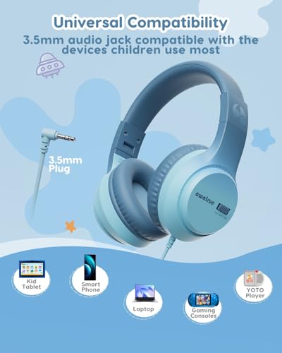 awatrue Kids Headphones, 74/85/94dB Volume Limiter, Foldable Wired Over Ear Headphones for Travel, 3.5mm Jack, Toddler Headphones for School, Chromebook, iPad, Tablet, Green - color: ‌Green