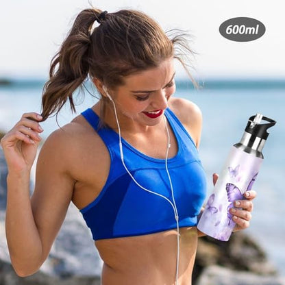 Purple Butterfly Lilac Flowers Water Bottle Women Men Insulated Stainless Steel Water Bottles with Straw Lid Leakproof Water Flask for Sports 20 oz