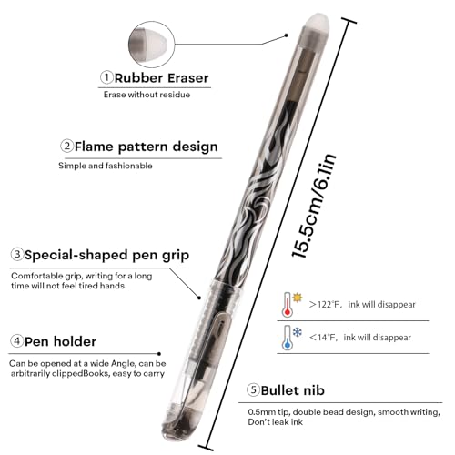 8 Pack Black Ink Erasable Gel Pens, 0.5mm Fine Point, Flame Patterned Barrel, Comfortable Grip, with Eraser, Ideal for Journaling, School Work, Office Tasks, Note Taking, DIY Projects - color: 8 Black