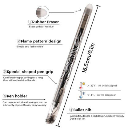 8 Pack Black Ink Erasable Gel Pens, 0.5mm Fine Point, Flame Patterned Barrel, Comfortable Grip, with Eraser, Ideal for Journaling, School Work, Office Tasks, Note Taking, DIY Projects - color: 8 Black