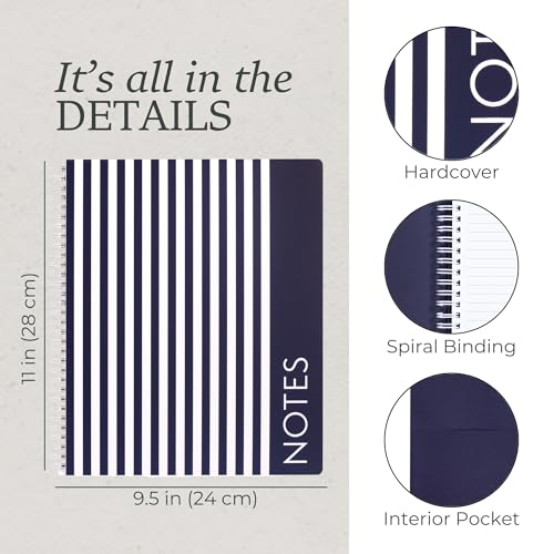 Steel Mill & Co Cute Large Spiral Notebook College Ruled, 11" x 9.5" with Durable Hardcover and 160 Lined Pages, Navy Stripe - color: Navy Stripe