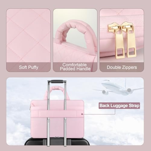 Puffy Laptop Sleeve 13.3 inch,13-14 inch Laptop Handbags for Women | Compatible with MacBook Air 13 13.6/Pro/Neo 13/Pro 14,HP Dell ASUS Lenovo,Square Quilted Bag with 2 Pockets&Handle&Belt, Pink