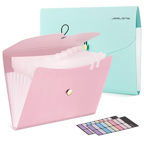 JARLINK 7 Pockets Expanding File Folder, A4 Accordion File Folders with 12 Labels, Cute Paper Organizer, Portable Document Organizer for College School Office Supplies, Macaron Blue & Macaron Pink - color: Macaron Blue & Pink