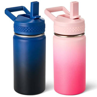 Fijinhom 12 oz Toddler Bottle, 2 Pack Kids Water Bottle for School Boys & Girls with Straws Lids, 304 Stainless Steel Vacuum Insulated Thermos, BPA-Free, Blue Black + Cherry Blossom - color: AA.Blue Black & Cherry Blossom