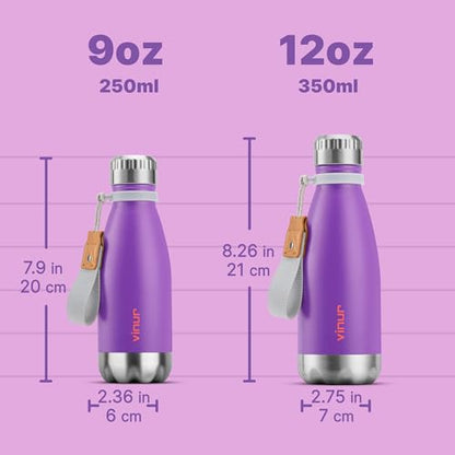Kids Water Bottle-9 oz Leak Proof Insulated Water Bottle with Carry Rope | Double Wall Vacuum Stainless Steel Water Bottle for Travel, School, Cola Shape Flask with Carry Rope (Purple) - color: Purple, size: 9 Ounces