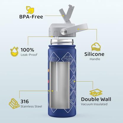 GoKEDA Kids Water Bottle with Stickers, 18oz Vacuum Double Insulated Cup with Straw, 316 Stainless Steel Bottles for School, Gift for Boy(Dack Blue) - color: Dark Blue