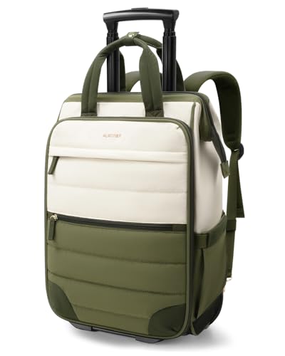 Rolling Puffer Backpack for Women, Travel Backpack with Wheels, 16 Inch Wheeled Laptop Backpack, Dual-Opening Design Overnight College Underseat Carry on Luggage, Roller Business Work Bag, Green - color: Green