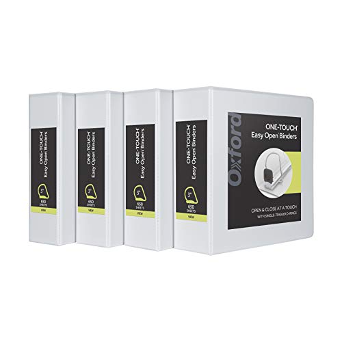 Oxford 3 Ring Binders, Binders for School and Office, 3 Inch ONE-Touch Easy Open D Rings, 3-Sided View Binder Covers, Xtralife Hinge, Non-Stick, PVC-Free, White, 650-Sheet Capacity, 4 Pack (79915) - size: 3 Inch
