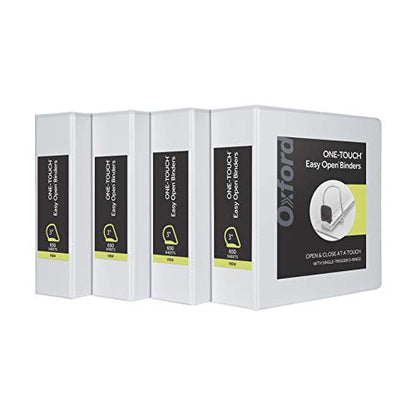 Oxford 3 Ring Binders, Binders for School and Office, 3 Inch ONE-Touch Easy Open D Rings, 3-Sided View Binder Covers, Xtralife Hinge, Non-Stick, PVC-Free, White, 650-Sheet Capacity, 4 Pack (79915) - size: 3 Inch