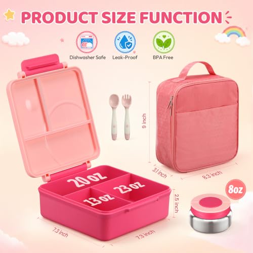 Bento Lunch Box for Girls with 8oz Soup Thermo & Lunch Bag, Leak-Proof Lunch Food Containers with 4 Compartment, Hot Food Insulated Food Jar for Kids School (Pink) - color: Pink