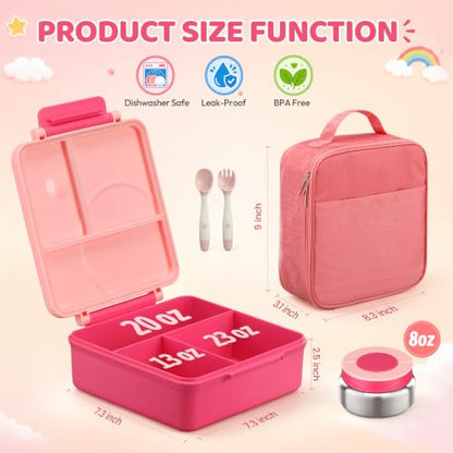 Bento Lunch Box for Girls with 8oz Soup Thermo & Lunch Bag, Leak-Proof Lunch Food Containers with 4 Compartment, Hot Food Insulated Food Jar for Kids School (Pink) - color: Pink