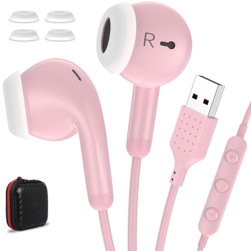 USB Earbuds for PC Laptop Computer with Microphone Wired Headphones 7.5FT USB A Headset with Mic Audio Control Noise Isolating Earphones for Dell for HP Surface Switch Office Zoom Working Pink - color: Pink