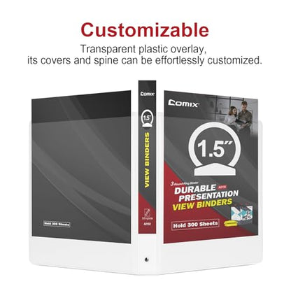 COMIX Sturdy 3 Ring Binder 1.5 inch with Clear View Cover, 1-1/2" Round Ring View Binder, PVC-Free, 2.4mm-Thick, 300 Sheets Capacity of US Letter Size Paper, Office ＆ School Supplies, 6 Pack (White) - color: White, size: 1.5 Inch, style: 6 Pack