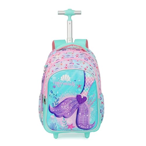 Cartoon Rolling Backpack for Boys Girls, Kids 5 Pcs Wheeled Backpack, Travel Backpack for Elementary Students (Mermaid Green) - color: Mermaid Green