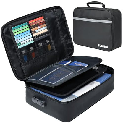 Document Bag with Lock, Fireproof File Storage Case with Water-Resistant, TENKER Organizer Box for Document, Safe Portable Travel Home Organizer for Laptop, Files, Certificates, Black(15''x11''x4'')