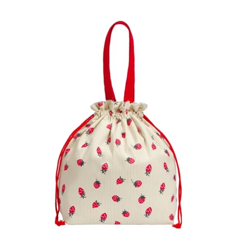 Retro Corduroy Drawstring Lunch Bag - Soft Textured Pouch for Women Students, 5mm Foam Base, Perfect for School Office Daily Use (strawberry) - color: Strawberry