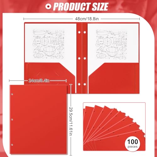 Yeaqee 100 Pcs Plastic Folders with Pockets Bulk 3 Hole Punched 2 Pocket File Folders for 3 Ring Binder Divider Folder for Notebooks, Durable Poly for Office Home (Red) - color: Red