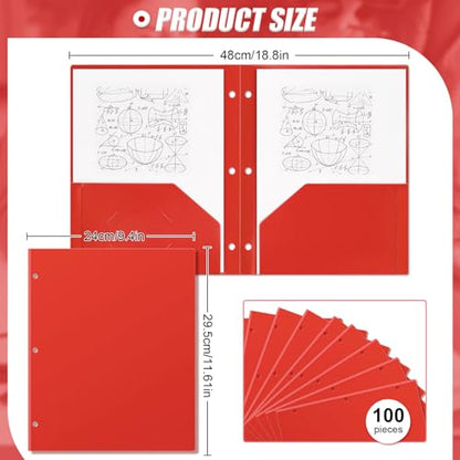 Yeaqee 100 Pcs Plastic Folders with Pockets Bulk 3 Hole Punched 2 Pocket File Folders for 3 Ring Binder Divider Folder for Notebooks, Durable Poly for Office Home (Red) - color: Red