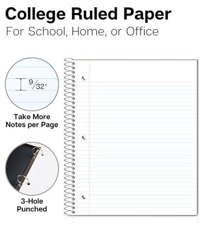 Dunwell College Ruled Spiral Notebook (Black), 1 Subject Notebook 8.5 x 11 for School, Plastic Cover, Pocket Divider, 100 Sheets (200 Pages), 3-Hole Punched Perforated 8 1/2 x 11 Paper - color: Black, style: 1 Subject