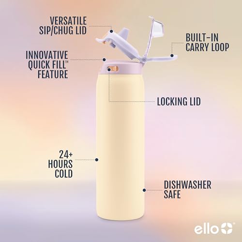 Ello Pop & Fill Insulated Stainless Steel Water Bottle with Quick Fill Lid, Leakproof Locking, Sip or Chug Spout, BPA-Free, Double Wall Vacuum Insulated for Sports, Travel & School- 22oz / 32oz / 40oz - color: Pastel Paradise, style: 32oz