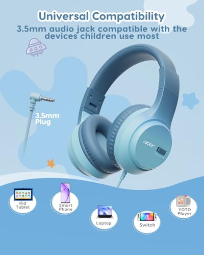 Acer Kids Headphones, 74/85/94dB Volume Limiter, Foldable Wired Over Ear Headphones for Travel, 3.5mm Jack, Toddler Headphones for School, iPad, Chromebook, Tablet, Green - color: Green
