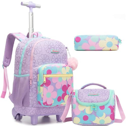 Girls Rolling Backpack with Lunch Box School Backpacks with Wheels 16.5" Roller Backpack for Girls, 3pcs Kids Wheeled Bookbag for Elementary School - color: Zisehuaduo