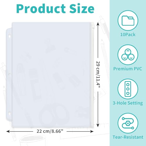 Binditek 10 Pack Plastic Zippered Binder Pockets, 3-Hole Punched for 3 Ring Binder, Clear PVC with White Zippers, Waterproof Loose Leaf Bag Pouch for Document Filing and Storage