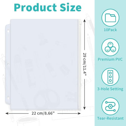 Binditek 10 Pack Plastic Zippered Binder Pockets, 3-Hole Punched for 3 Ring Binder, Clear PVC with White Zippers, Waterproof Loose Leaf Bag Pouch for Document Filing and Storage