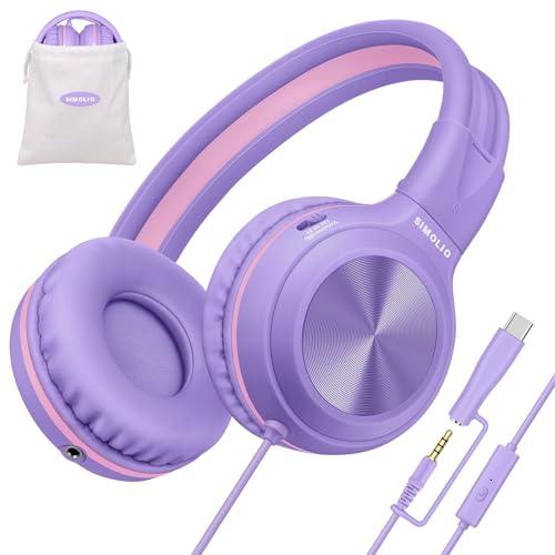 SIMOLIO Kids Wired Headphones with Mic, USB C & 3.5mm, 3-Level Safe Volume, Share Port & Pouch, Stereo Sound& Passive Noise Cancelling, Foldable Over Ear Headsets for Tablet Kindle iPhone iPad Travel - color: Purple