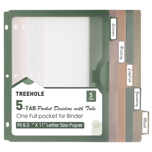 5-Tab 1 Set Binder Divider with One Full Pocke Dividers for 3 Ring Binder, Clear View Recipe Binder Dividers for US Letter Size 8.5 x 11' Index Dividers for Office, School Morandi Color