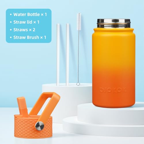 BJPKPK Insulated Water Bottle, 15oz Stainless Steel with Straw Lid | Leak Proof, BPA-Free, Vacuum Insulated, Keep Drink Cold & Hot, Metal Water Bottle for Travel, Gym, Office, Cupholder Friendly - color: Sunset Orange, style: N-15oz-Color Lid